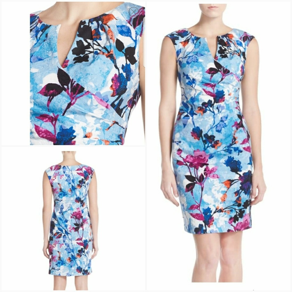 Adrianna Papell Blue Floral Sheath Dress with Pink & Black Accents